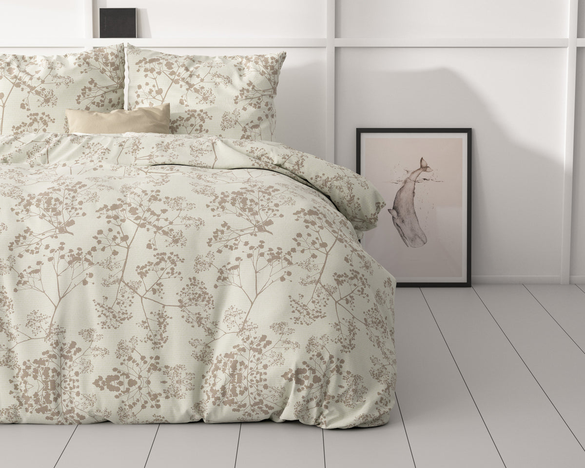 Dekbedovertrek microvezel Firdo bloemenprint crème en taupe 200 x 220 cm, met 2 kussenslopen