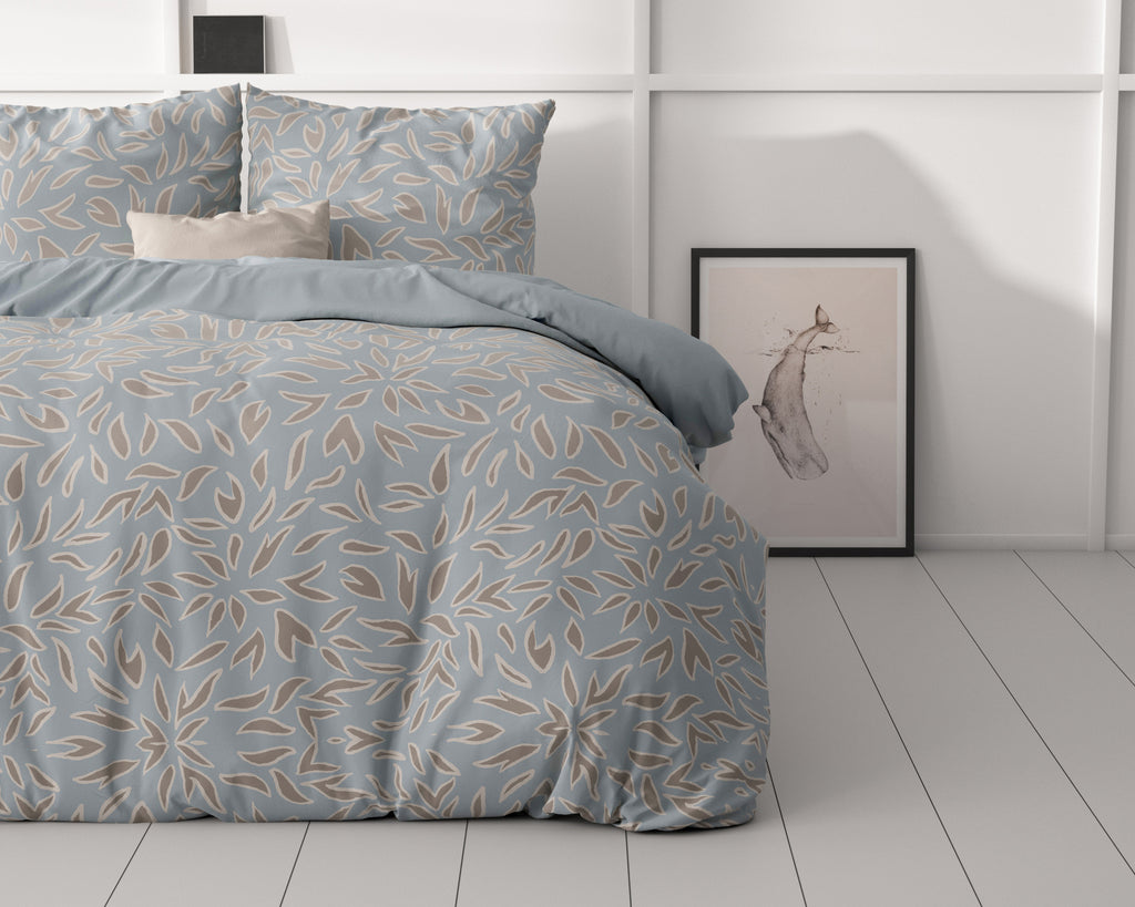 Dekbedovertrek microvezel polyester Belia blauw met bladprint 240 x 220 cm, met 2 kussenslopen