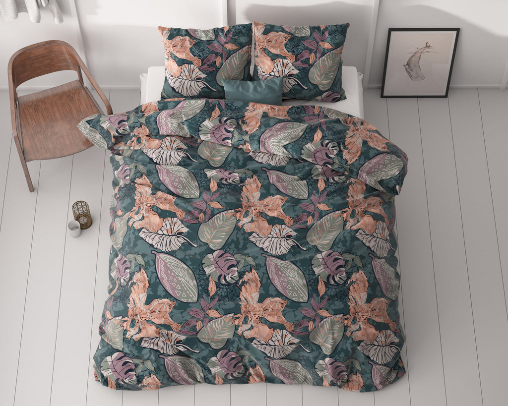 Dekbedovertrek microvezel polyester groen bladprint 200 x 220 cm, met 2 kussenslopen voor de slaapkamer