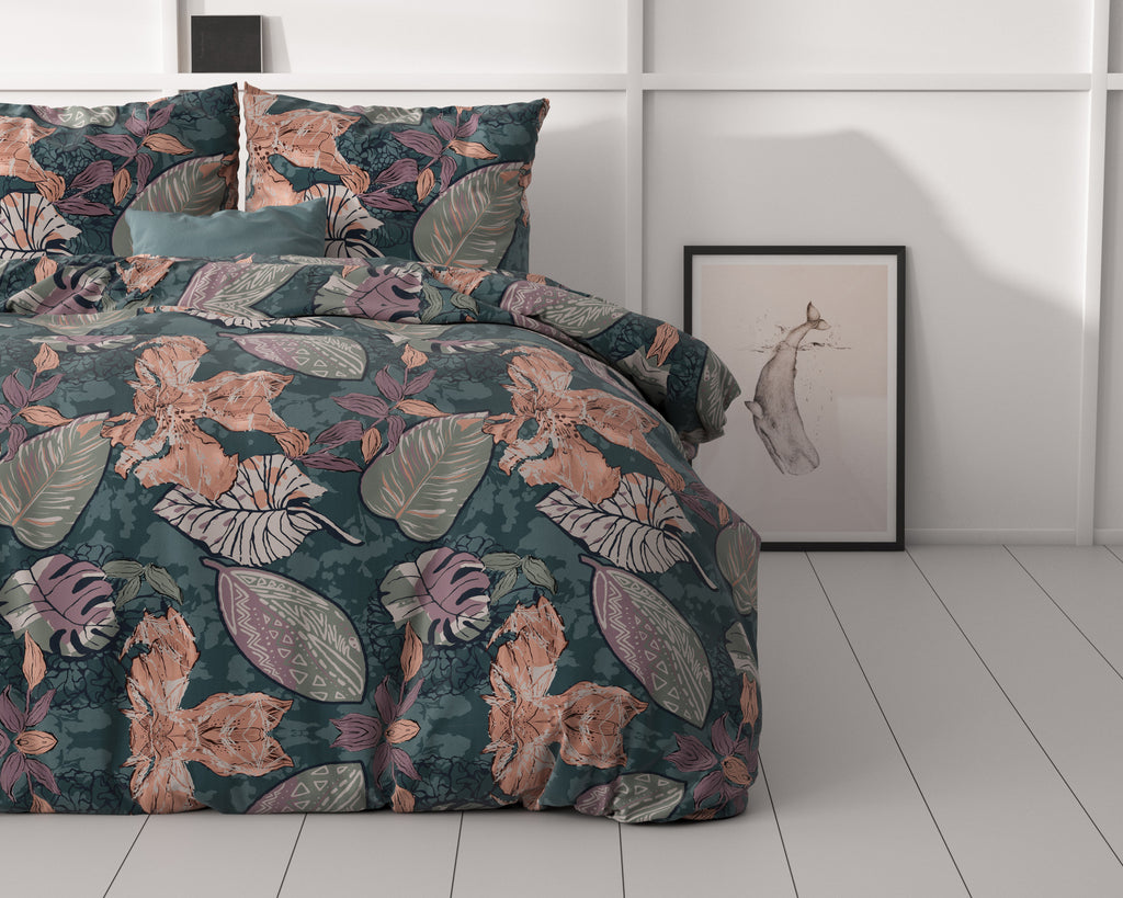 Dekbedovertrek microvezel polyester bladprint groen 240 x 220 cm, met 2 kussenslopen voor de slaapkamer