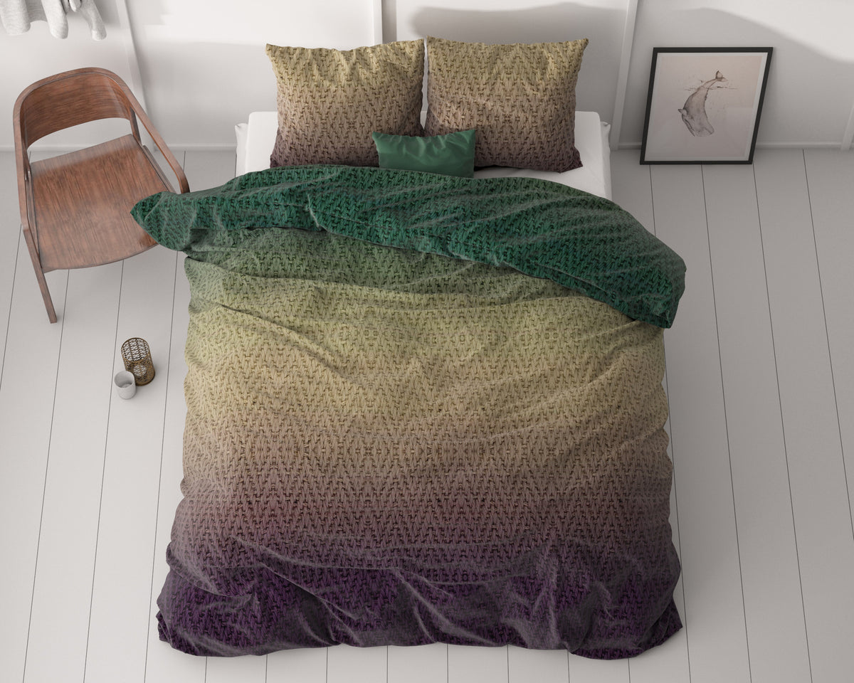 Dekbedovertrek microvezel polyester groen bruin gebreid motief 200 x 220 cm, met 2 kussenslopen