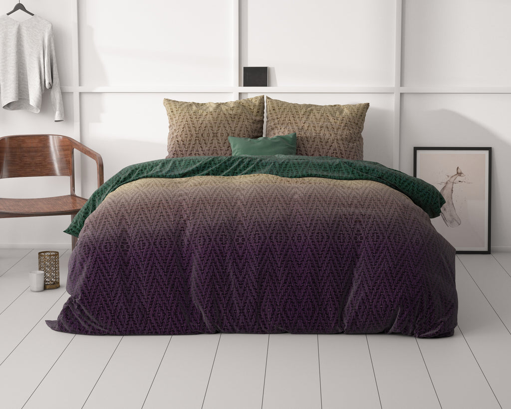 Dekbedovertrek microvezel polyester groen bruin gebreid motief 200 x 220 cm, met 2 kussenslopen