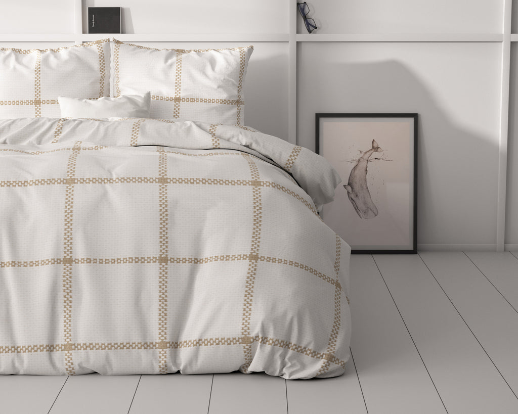 Dekbedovertrek Vasco wit met beige ruitpatroon, 240 x 220 cm, slaapkamer
