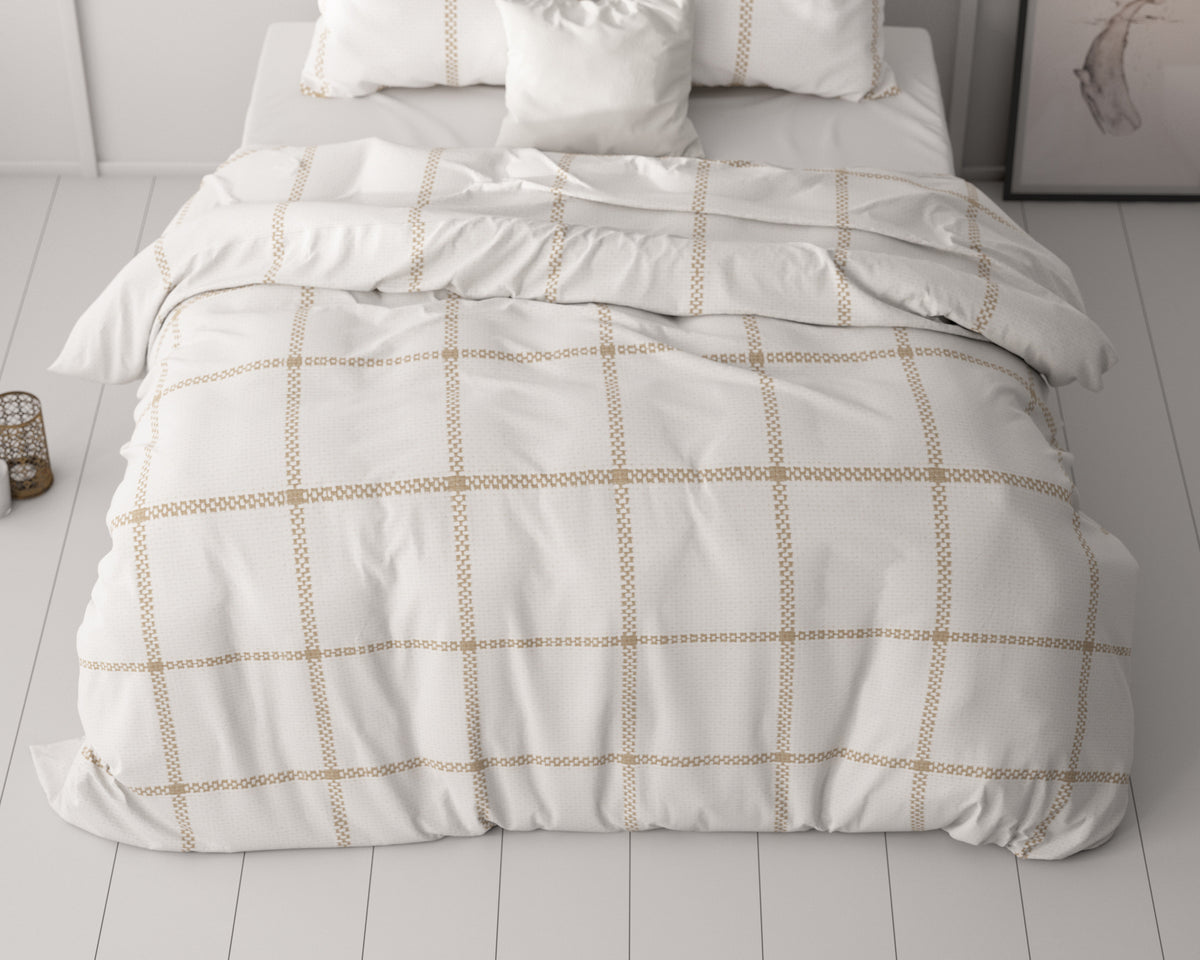 Dekbedovertrek Vasco wit met beige ruitpatroon, 240 x 220 cm, slaapkamer