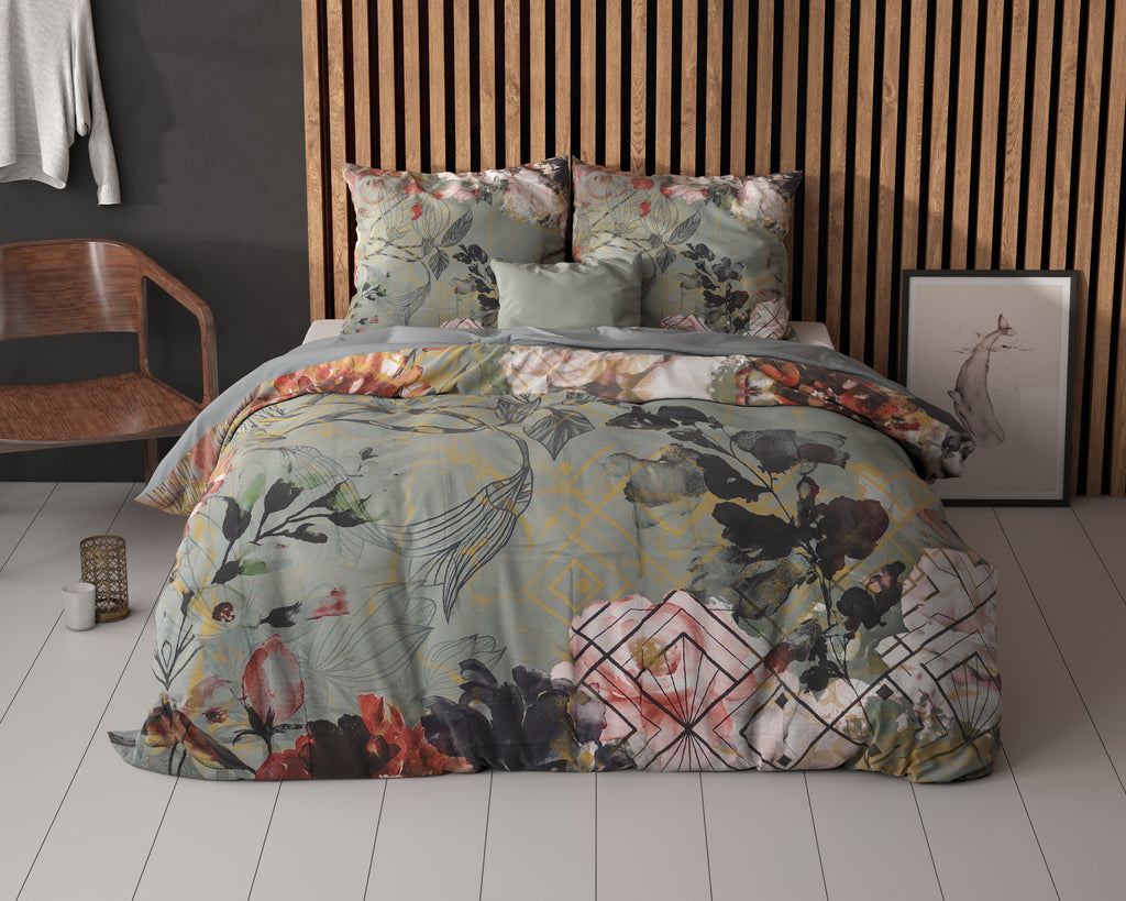 Dekbedovertrek Triangle groen met bloemenprint 200 x 200/220 cm voor de slaapkamer