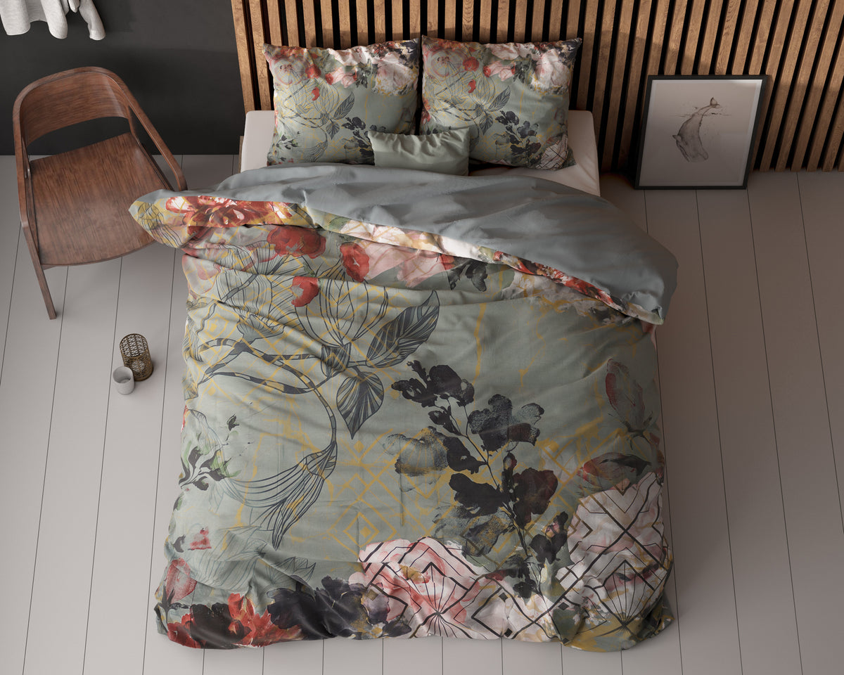 Dekbedovertrek Triangle groen met bloemenprint 200 x 200/220 cm voor de slaapkamer