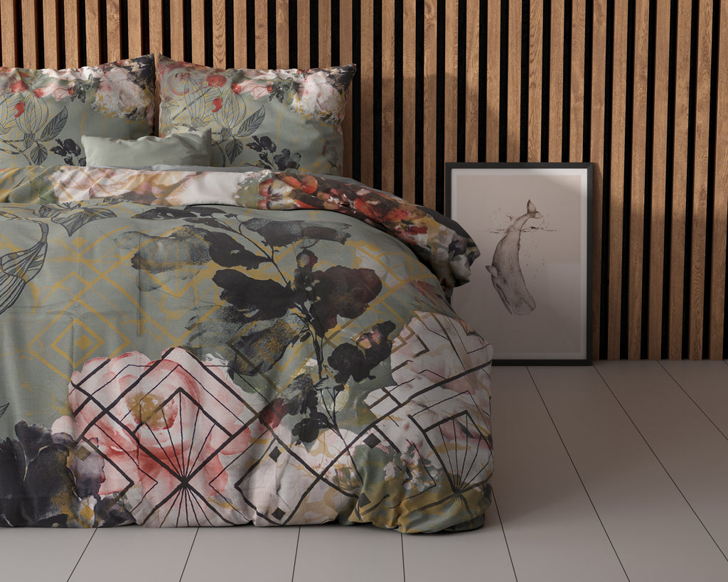 Dekbedovertrek Triangle groen met bloemenprint 200 x 200/220 cm voor de slaapkamer