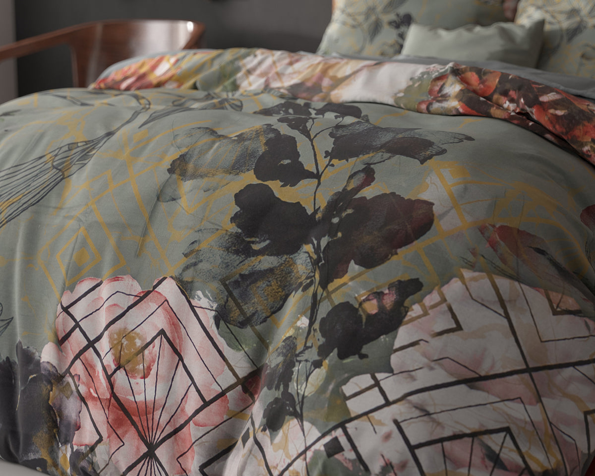 Dekbedovertrek Triangle groen met bloemenprint 200 x 200/220 cm voor de slaapkamer