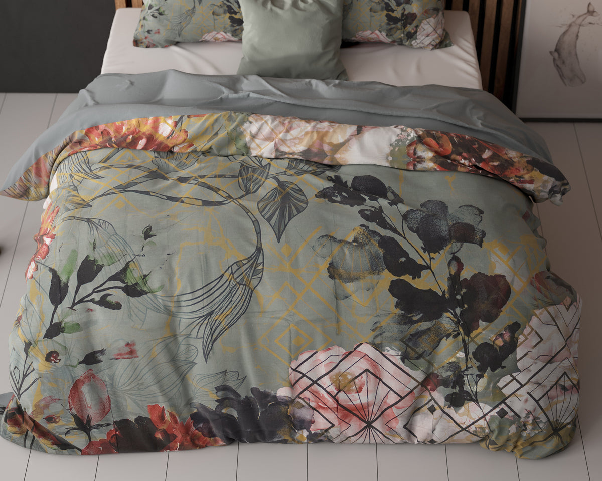Dekbedovertrek Triangle groen met bloemenprint 200 x 200/220 cm voor de slaapkamer