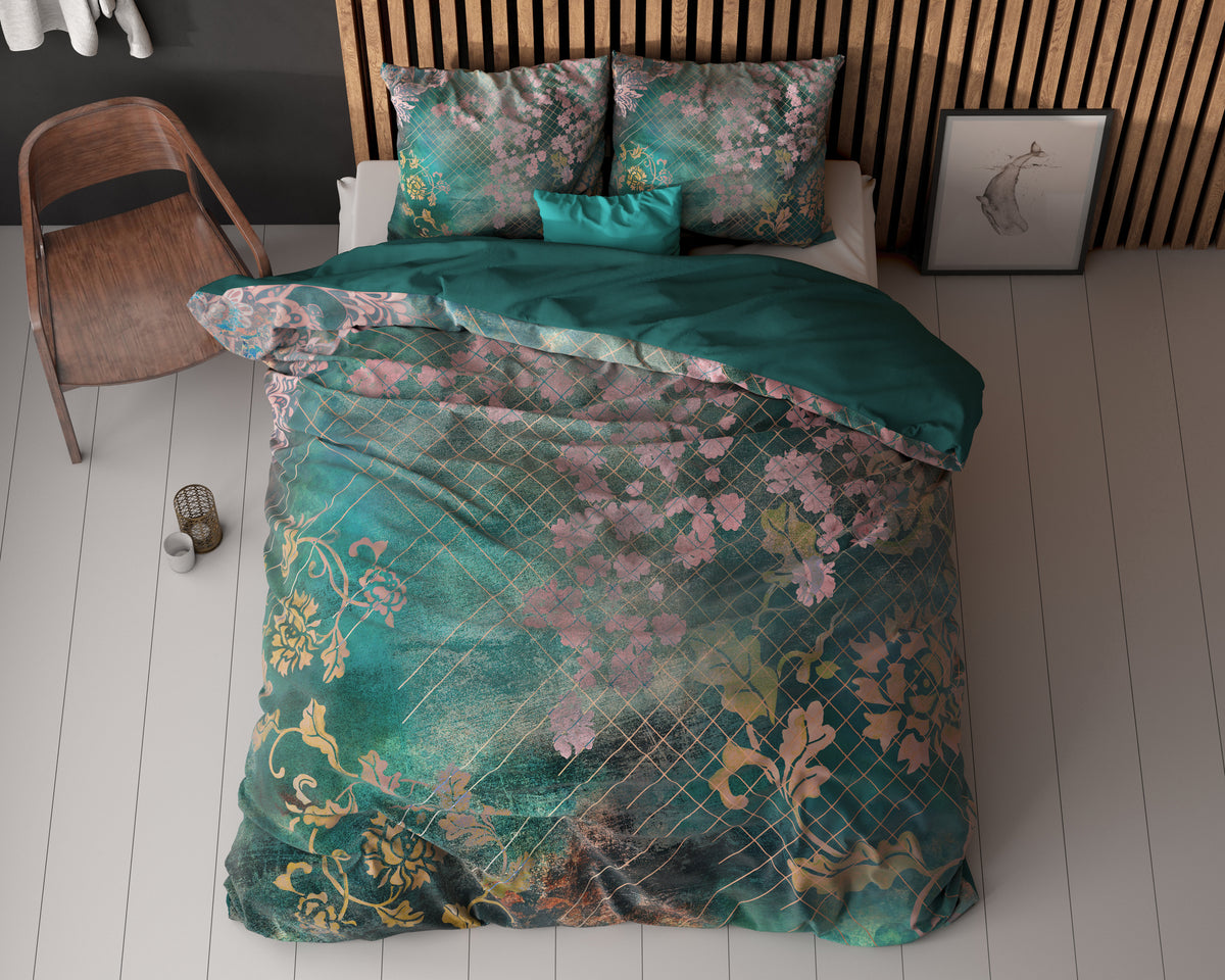 Dekbedovertrek Raddison bloemenprint groen met roze en goud 200 x 200/220 cm voor de slaapkamer