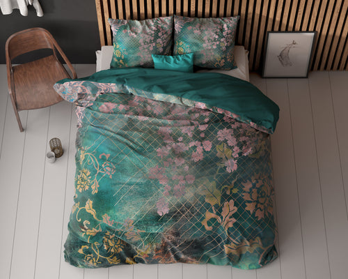 Dekbedovertrek Raddison bloemenprint groen met roze en goud 200 x 200/220 cm voor de slaapkamer