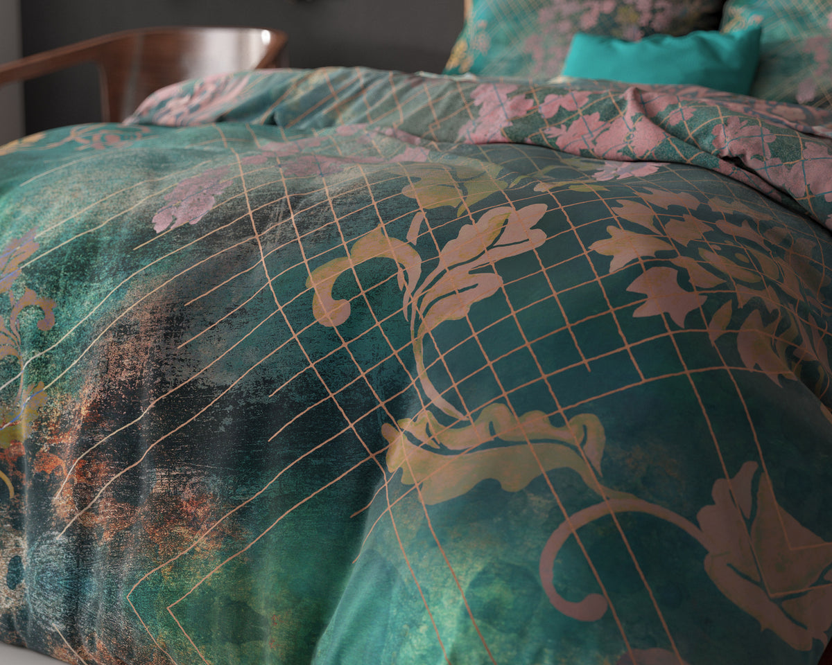 Dekbedovertrek Raddison bloemenprint groen met roze en goud 200 x 200/220 cm voor de slaapkamer