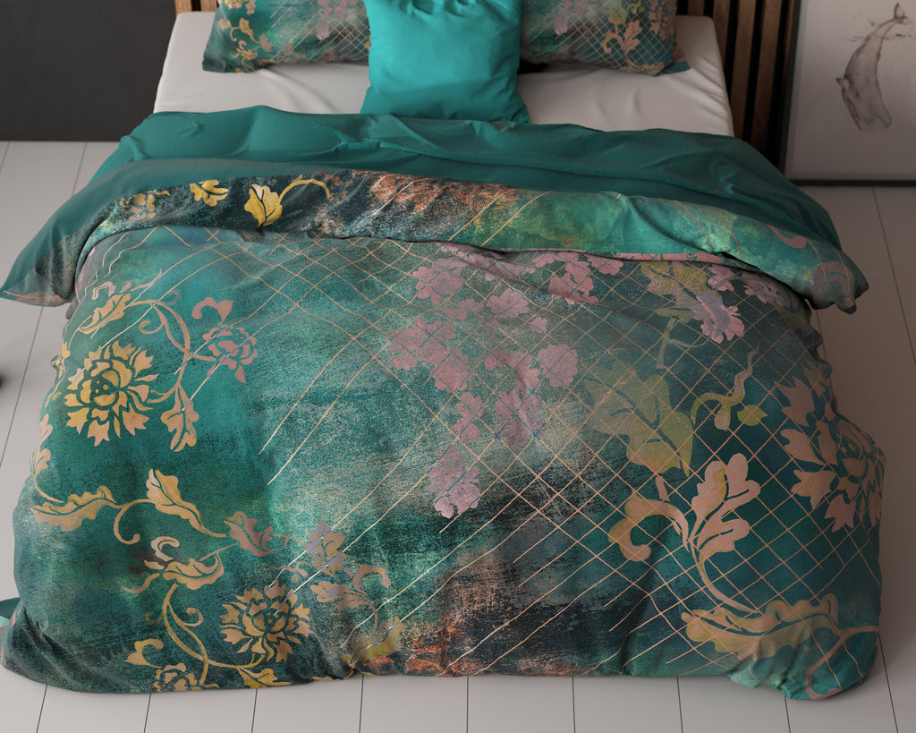 Dekbedovertrek Raddison bloemenprint groen met roze en goud 200 x 200/220 cm voor de slaapkamer