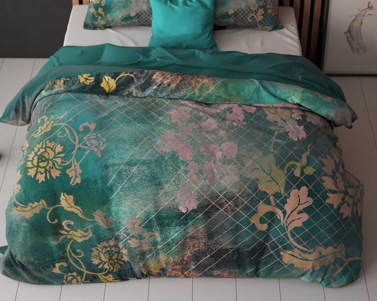 Dekbedovertrek Raddison bloemenprint groen met roze en goud 200 x 200/220 cm voor de slaapkamer