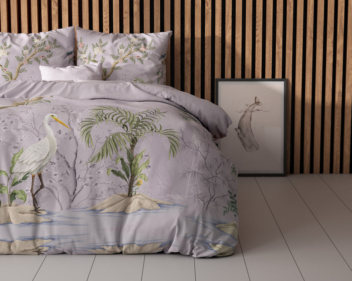 Dekbedovertrek Lois paars 240 x 200/220 cm, met bloemen- en vogelprint voor de slaapkamer