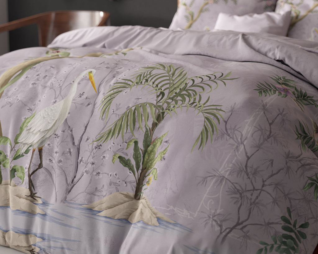 Dekbedovertrek Lois paars 240 x 200/220 cm, met bloemen- en vogelprint voor de slaapkamer
