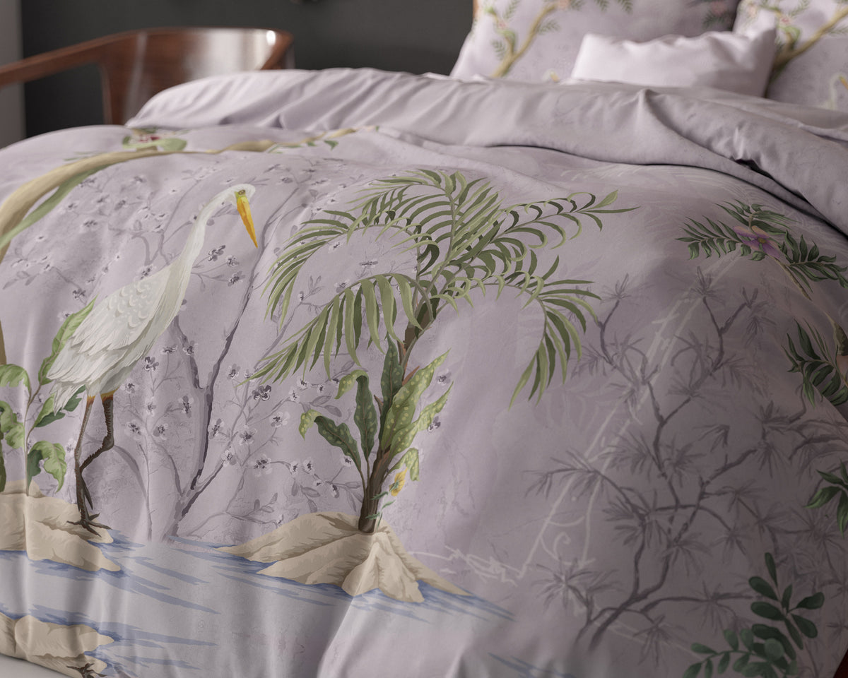 Dekbedovertrek Lois paars 240 x 200/220 cm, met bloemen- en vogelprint voor de slaapkamer