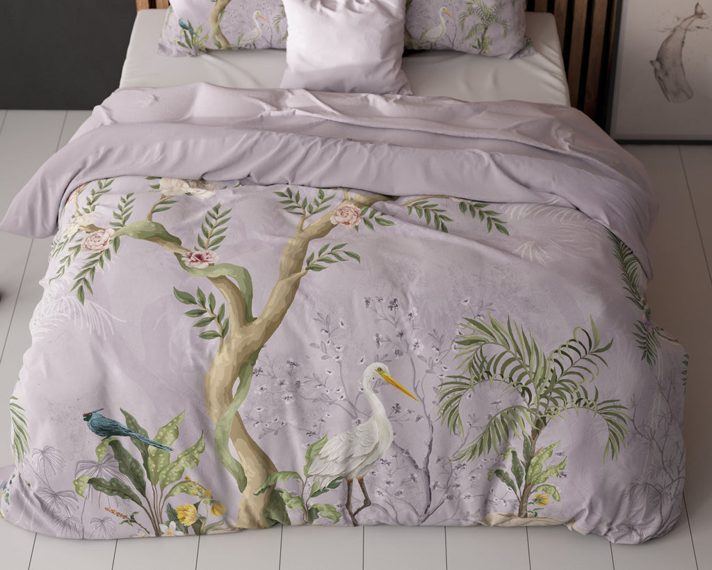 Dekbedovertrek Lois paars 240 x 200/220 cm, met bloemen- en vogelprint voor de slaapkamer