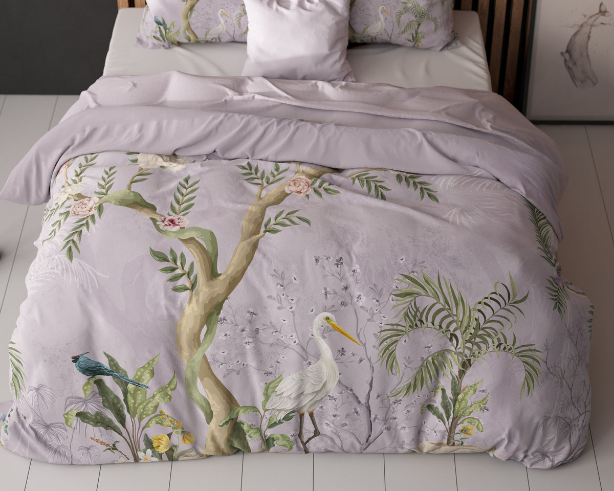 Dekbedovertrek Lois paars 240 x 200/220 cm, met bloemen- en vogelprint voor de slaapkamer