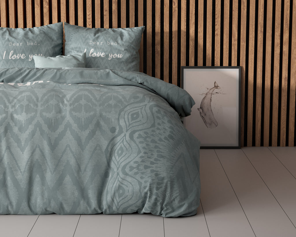 Dekbedovertrek I Love Bed groen met tekstprint Dear bed, I love you, 200 x 200/220 cm, voor de slaapkamer