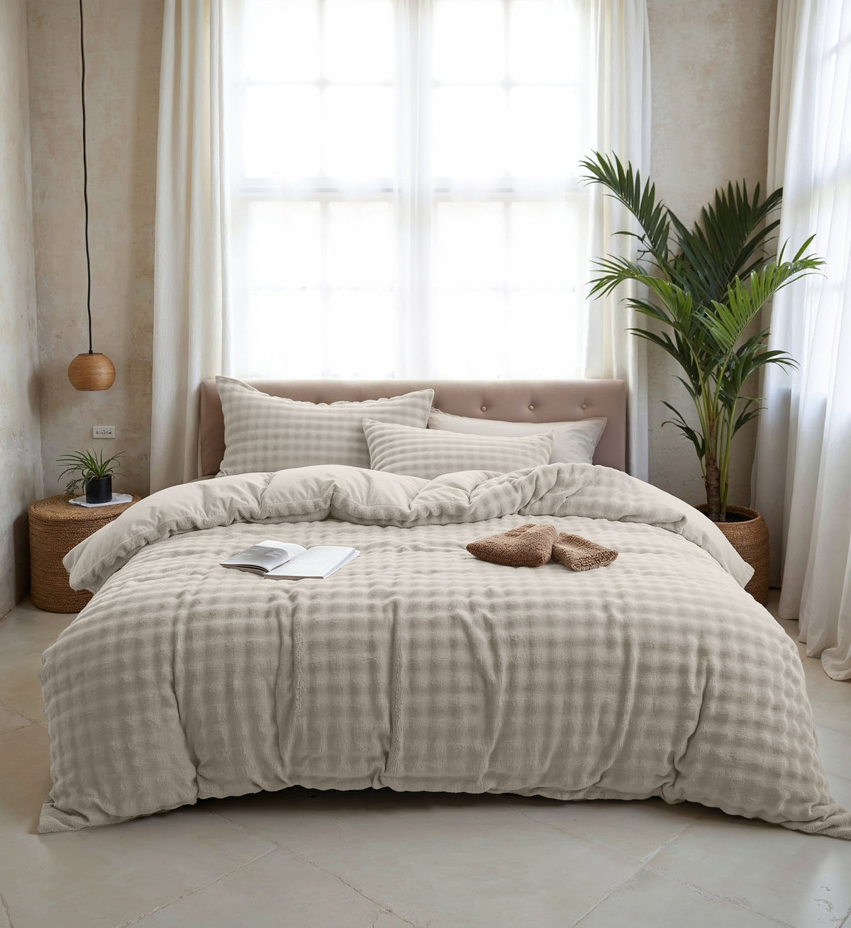 Beige dekbedovertrek met pompom-structuur en kussens op een bed voor een raam met gordijnen