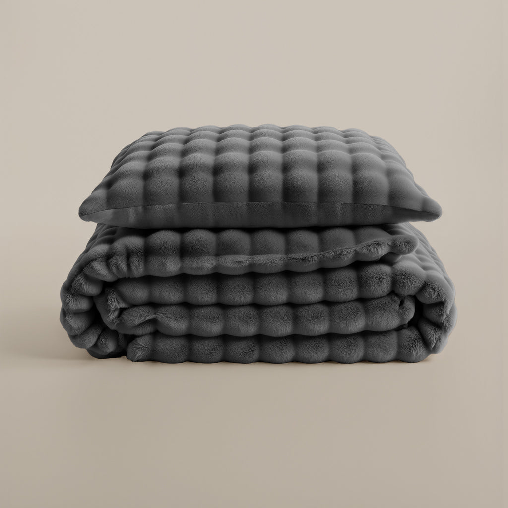 Dekbedovertrek pompom flanel fleece antraciet 140 x 220 cm, met kussenslopen voor de slaapkamer