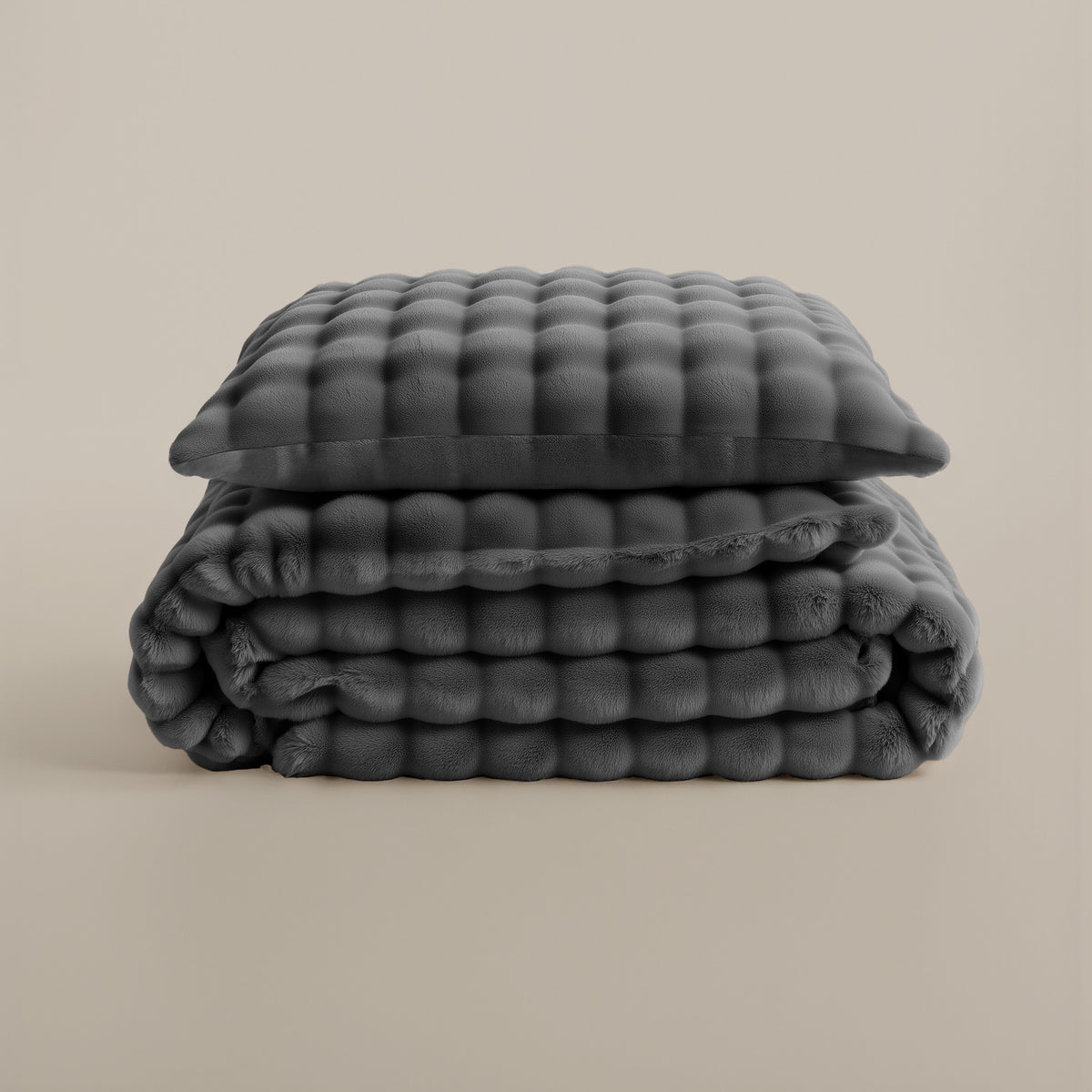 Dekbedovertrek pompom flanel fleece antraciet 240 x 220 cm, met kussenslopen voor de slaapkamer