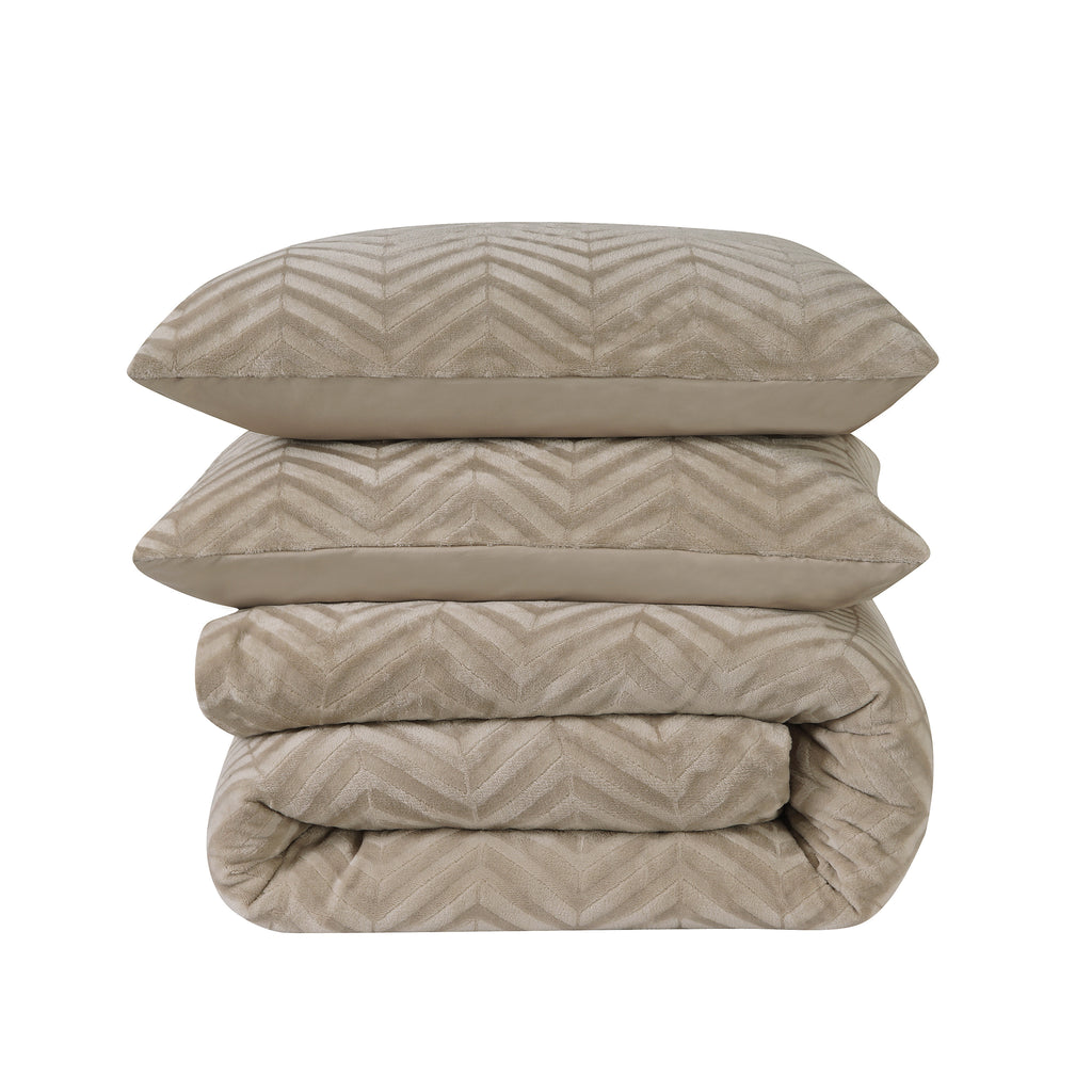 Dekbedovertrek teddy polyester chevron taupe 140 x 200/220 cm, met kussensloop en drukknopen