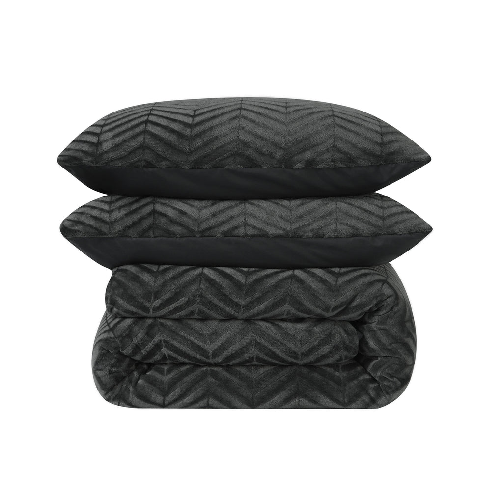 Dekbedovertrek teddy polyester antraciet chevron visgraat 240 x 200/220 cm, met kussenslopen