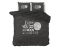 Antracietkleurig dekbedovertrek met gebreide print, maan en de tekst I love you to the moon and back, met twee kussenslopen