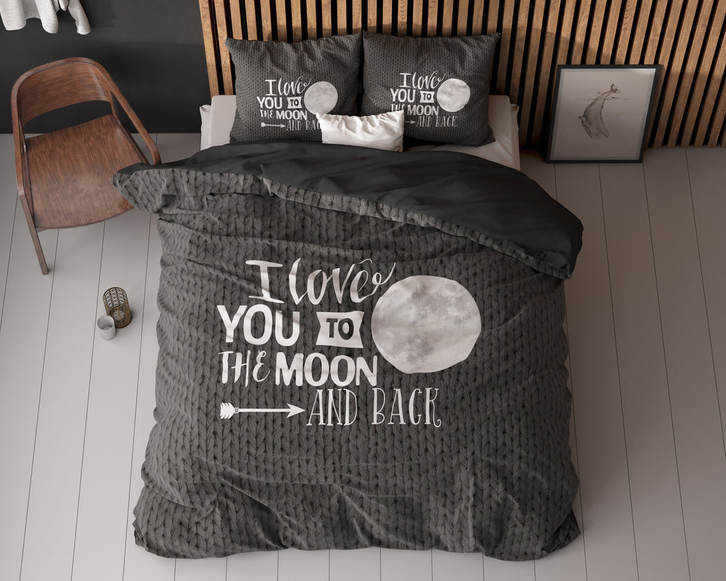 Dekbedovertrek antraciet met gebreide print en maantekst I love you to the moon and back, 200 x 200/220 cm