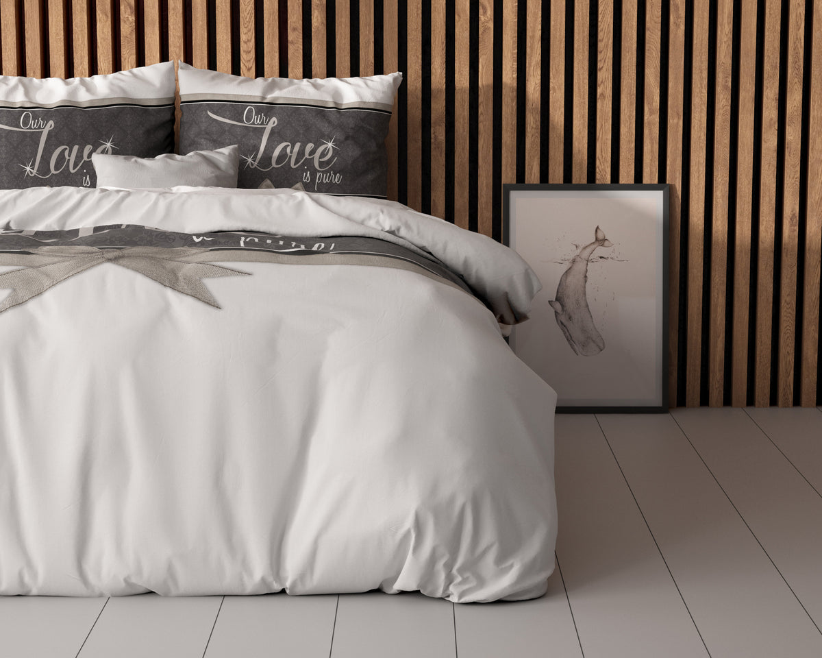 Dekbedovertrek Pure Love wit en antraciet met tekstprint en strik, 240 x 200/220 cm voor de slaapkamer
