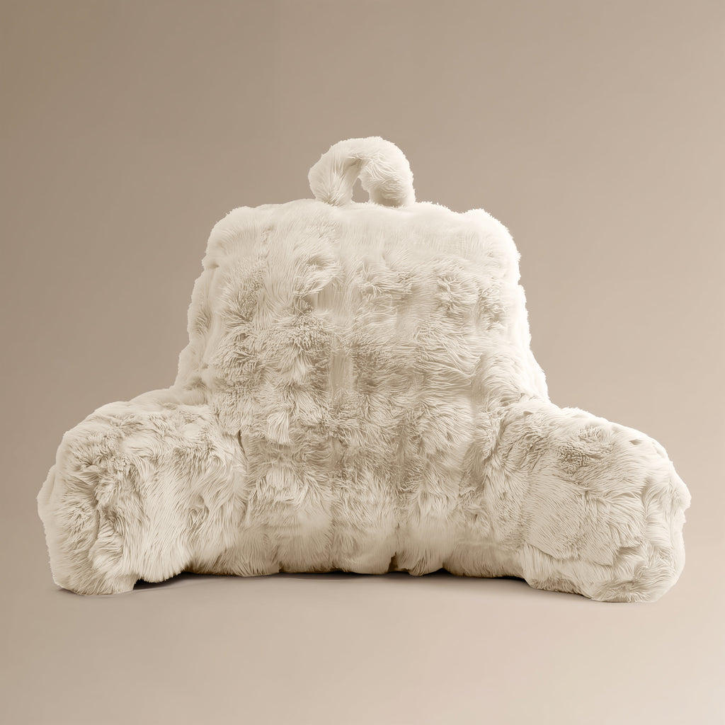 Rugsteunkussen nepbont Pompom beige 34 x 50 cm, stevig met armleuningen voor lezen en tv kijken