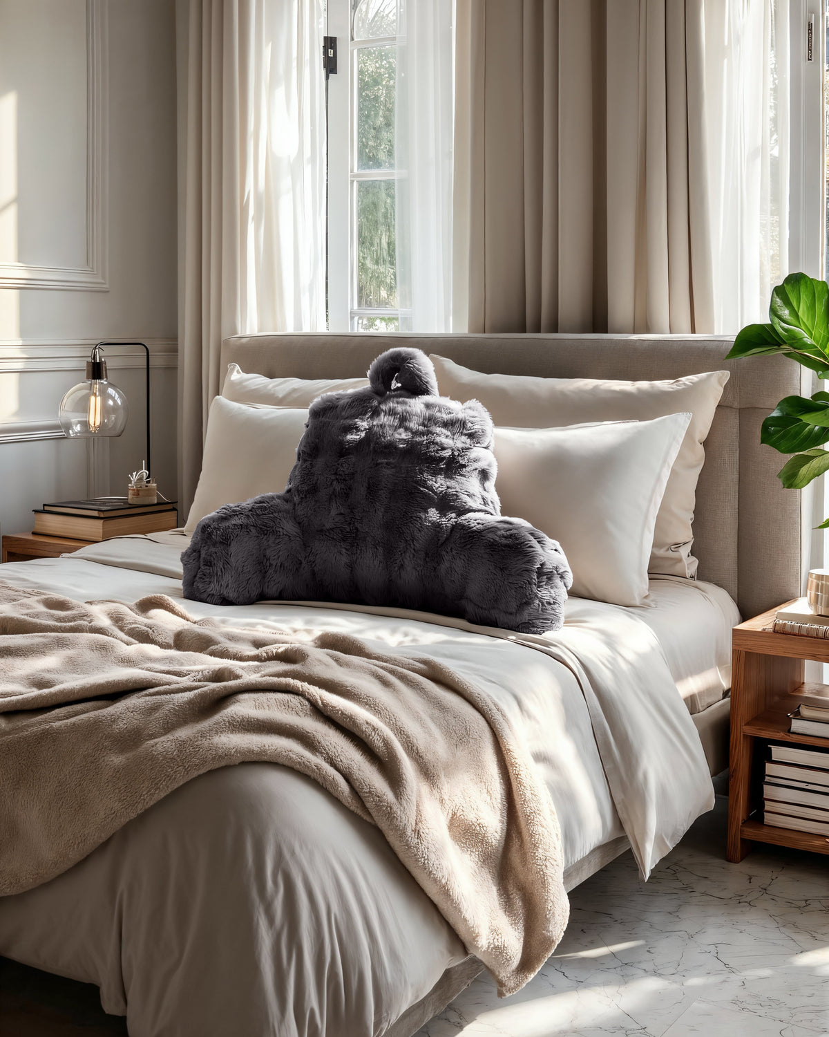 Bedsteunkussen nepbont met pompons antraciet 34 x 50 cm, 20 cm hoog, voor bed en bank