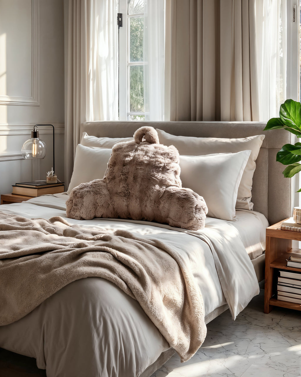 Bedsteunkussen nepbont pompon taupe 34 x 50, stevig en wasbaar, voor lezen en tv-kijken in bed