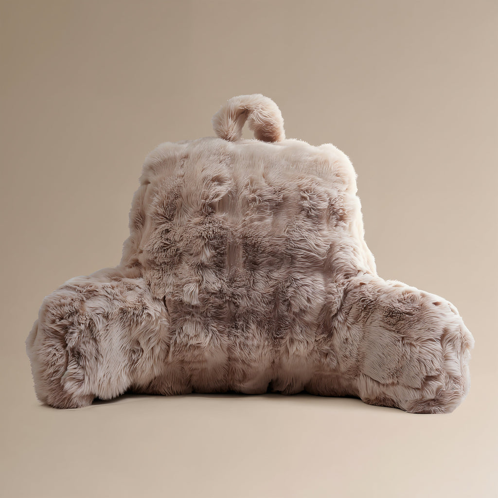 Bedsteunkussen nepbont pompon taupe 34 x 50, stevig en wasbaar, voor lezen en tv-kijken in bed