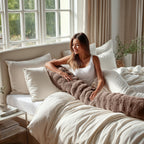 Lichaamskussen nepbont taupe met pompon 140 x 20 cm, stevig en zacht voor de slaapkamer