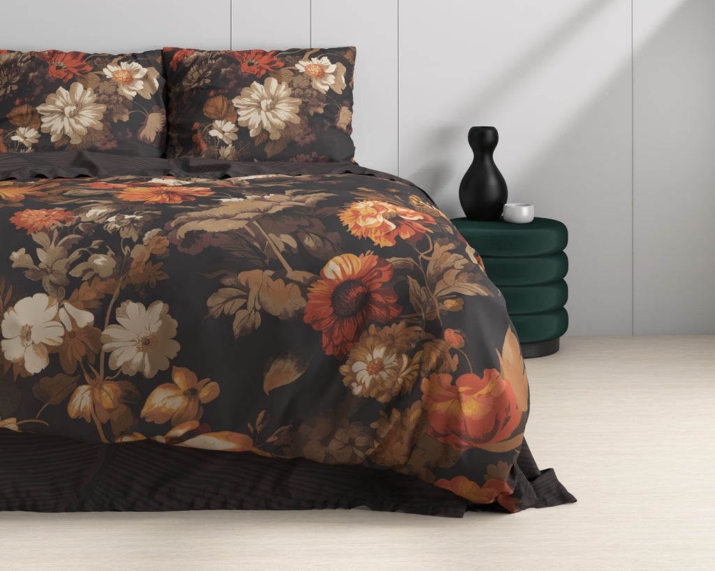 Dekbedovertrek katoen bloemenprint bruin 200 x 220 cm, met 2 kussenslopen 60 x 70 cm voor de slaapkamer