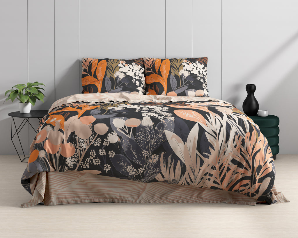 Dekbedovertrek katoen Mystieke tuin zwart, bloemenprint 140 x 220 cm, met 1 kussensloop 60 x 70 cm