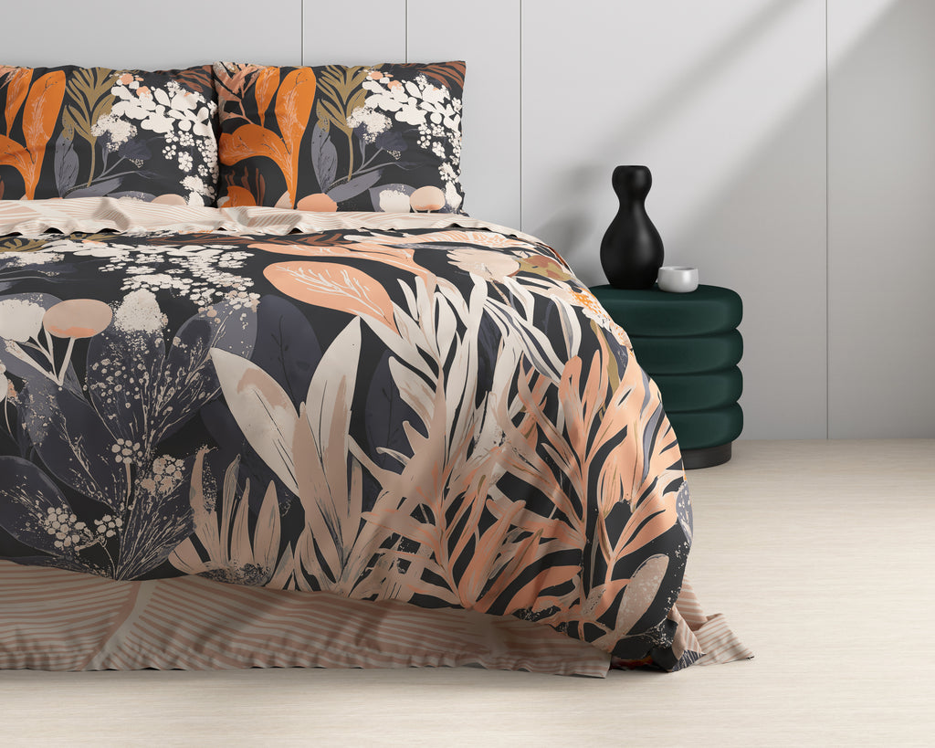 Dekbedovertrek katoen Mystieke tuin zwart, bloemenprint 140 x 220 cm, met 1 kussensloop 60 x 70 cm