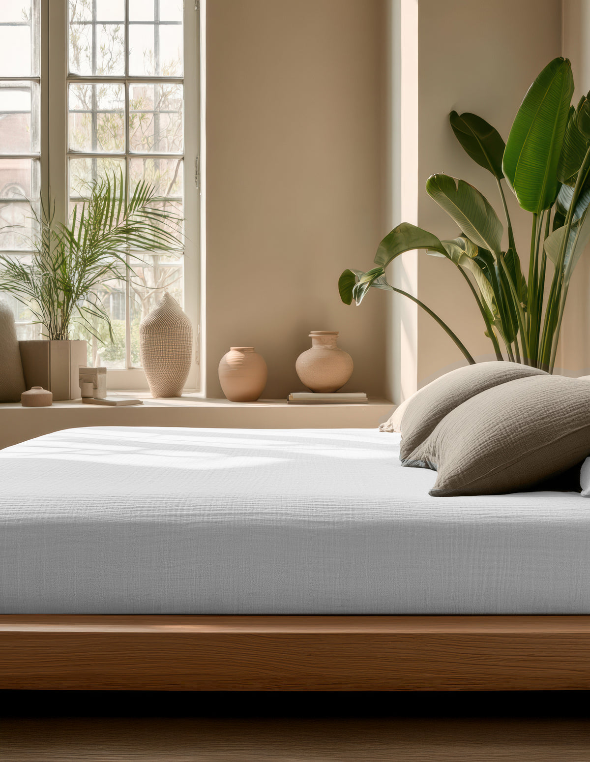 Hoeslaken katoen mousseline wit 90 x 200 cm, hoekhoogte 40 cm, voor matras en boxspring