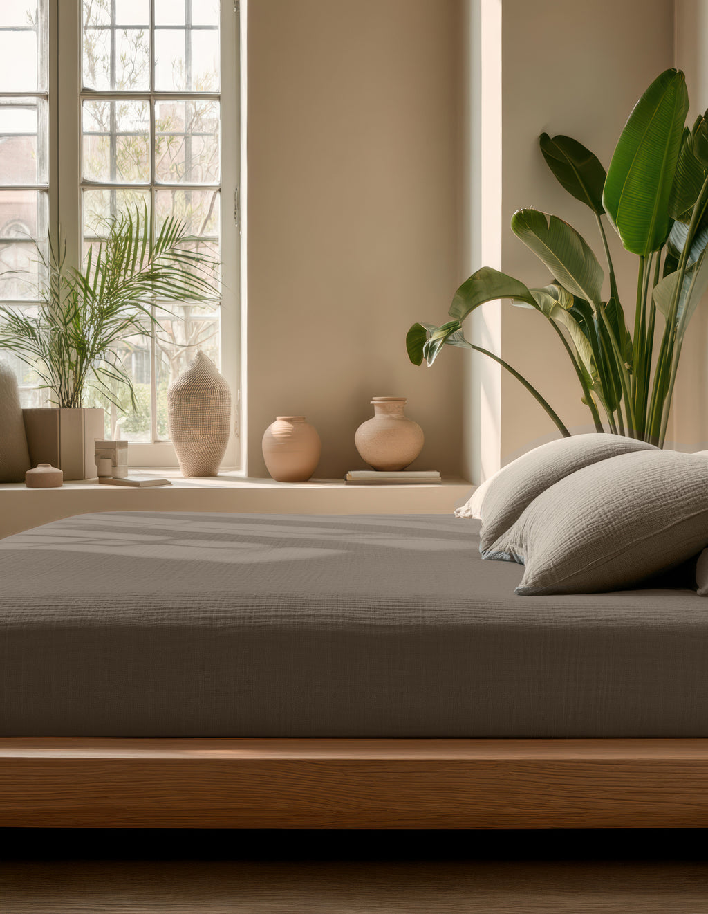 Hoeslaken katoen mousseline taupe 140 x 200 cm, hoekhoogte 30 cm, voor matras en boxspring