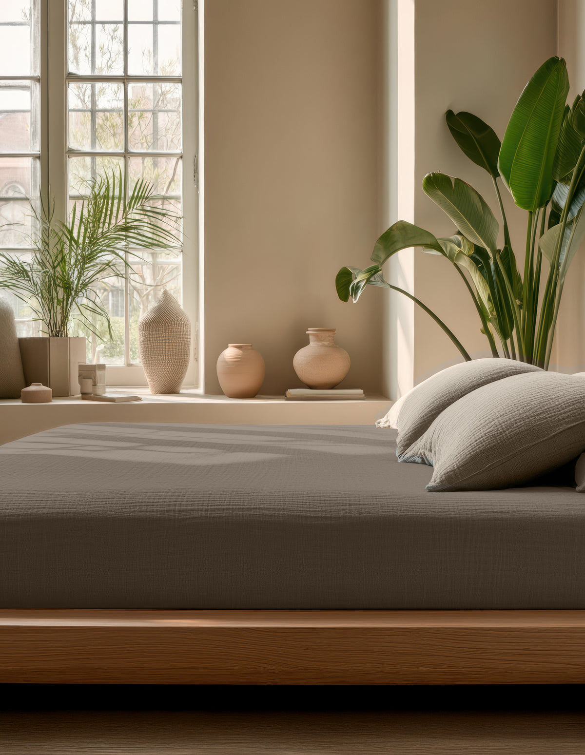 Hoeslaken katoen mousseline taupe 160 x 200 cm, hoekhoogte 30 cm, voor matras en boxspring