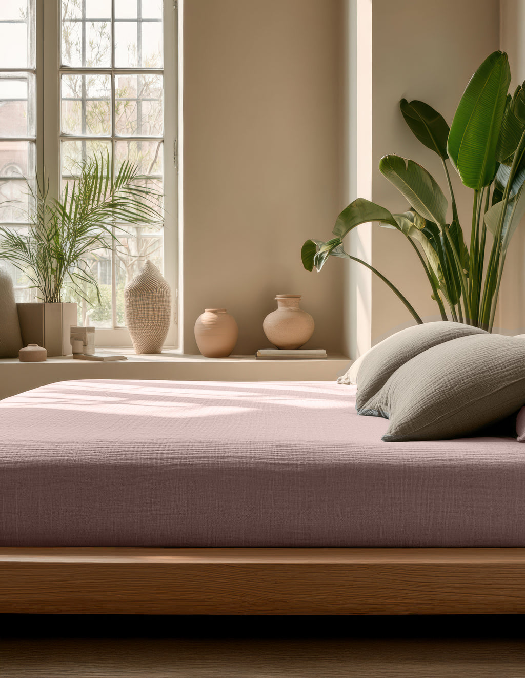 Hoeslaken katoen mousseline blushroze 160 x 200 cm, hoekhoogte 30 cm voor boxspring en matras