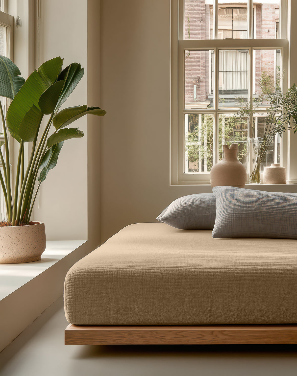 Hoeslaken katoen mousseline zand 140 x 200 cm, hoekhoogte 30 cm, voor matras en boxspring
