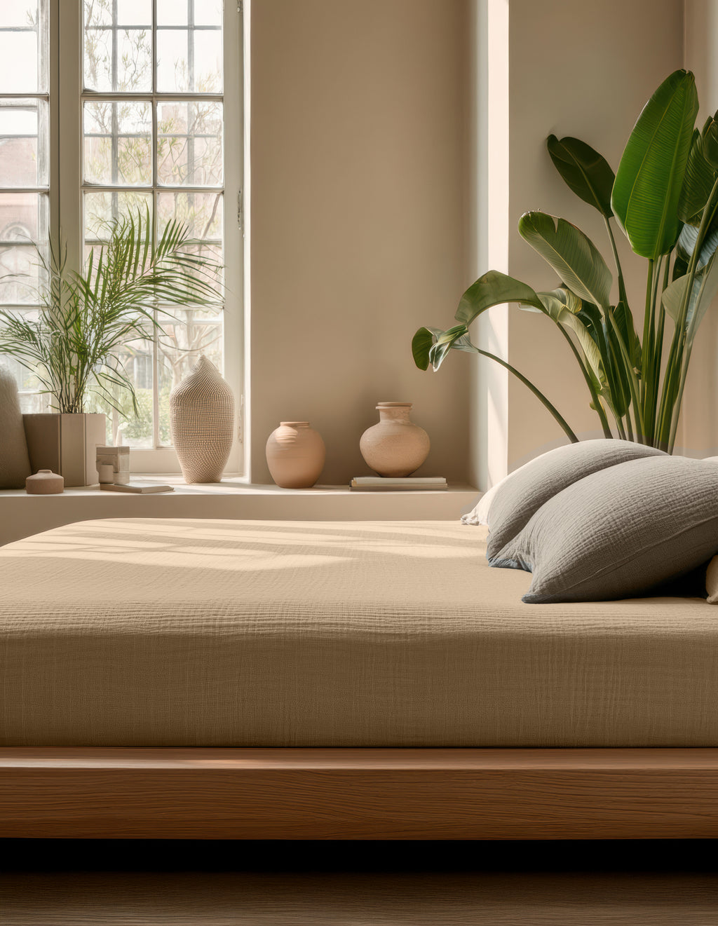 Hoeslaken katoenmousseline zand 160 x 200 cm, hoekhoogte 30 cm, voor boxspring en matras