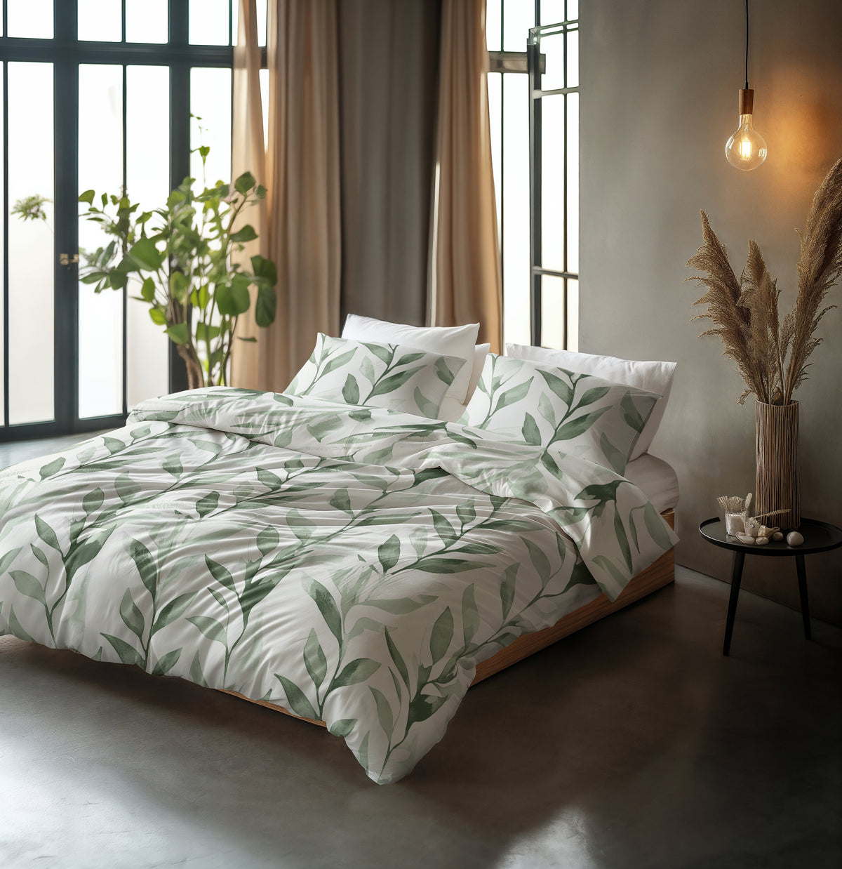 Bed met wit dekbedovertrek met groene bladprint en bijpassende kussenslopen in een lichte slaapkamer