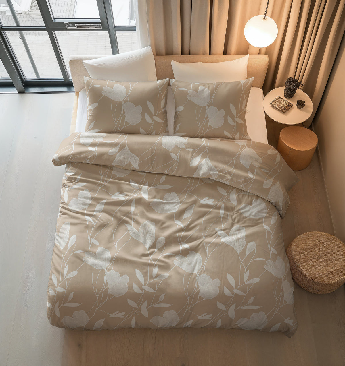 Dekbedovertrek katoen Lente bedrukt zand beige 240 x 220 cm, met 2 kussenslopen 60 x 70 cm