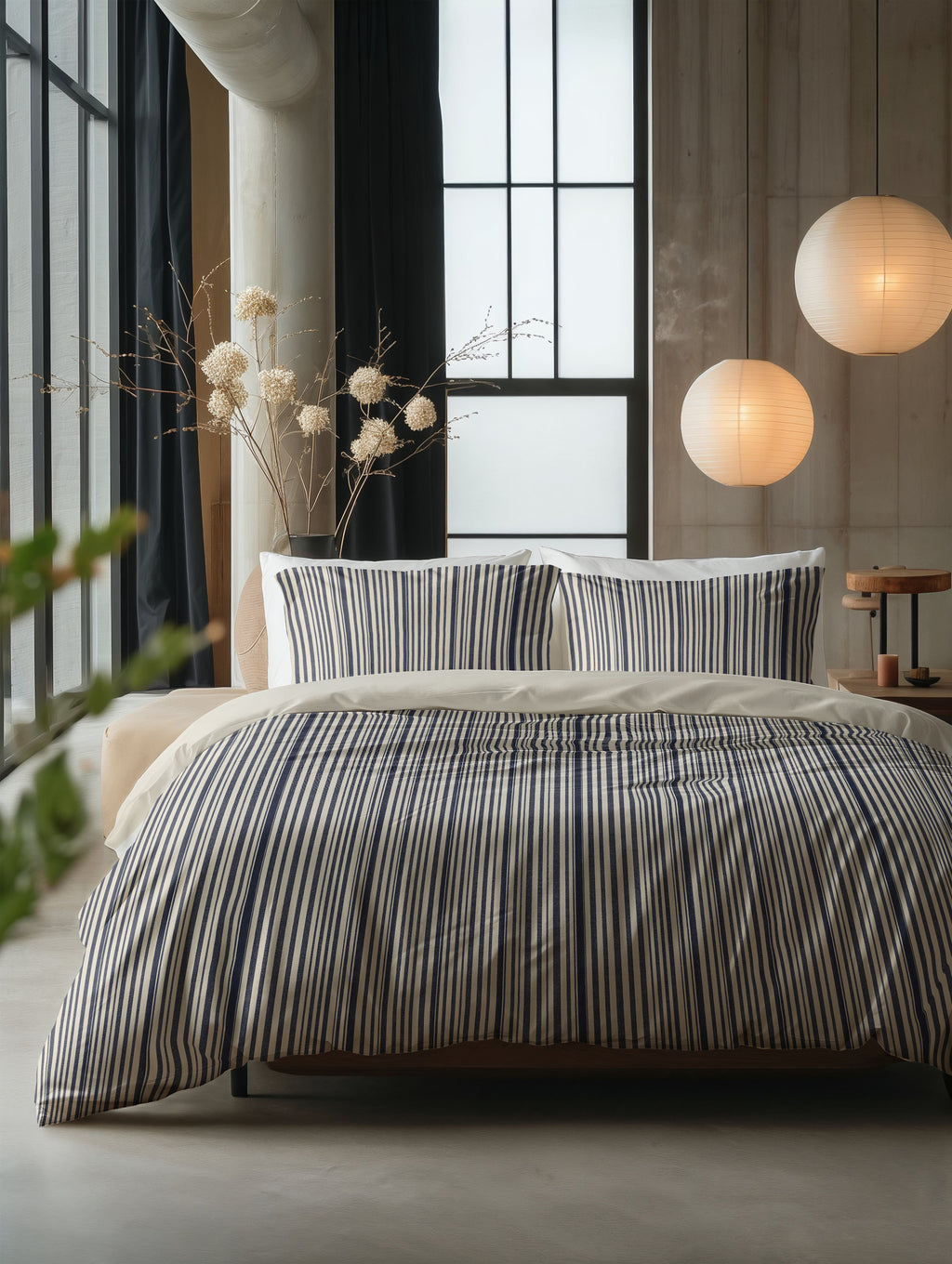 Bed met blauw-crème gestreept dekbedovertrek en kussenslopen in een ruime slaapkamer met ronde papieren hanglampen