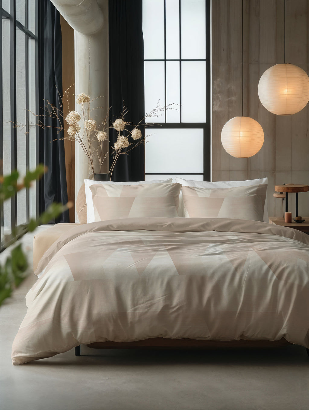 Opgemaakt bed met zand beige dekbedovertrek met grafisch driehoekpatroon en twee kussens in een industriële slaapkamer